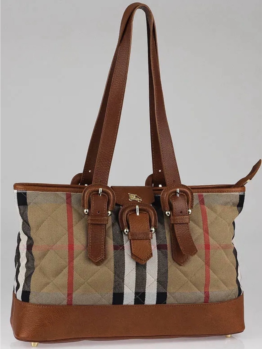 Burberry Quilted Check Tote with Brown Leather Trim